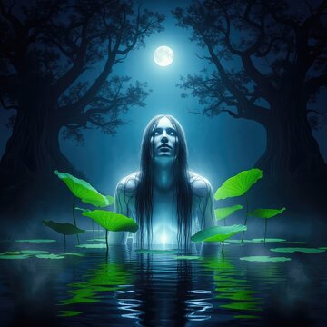Ethereal entity with long damp hair emerging from a dark misty lake at night, surrounded by lily pads, ancient trees, and pale moonlight, shadow, water, supernatural