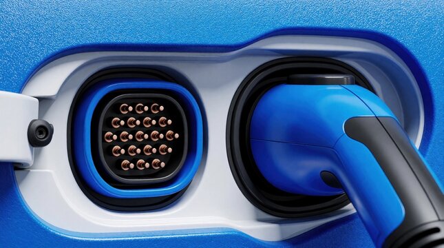 Electric vehicle charging port and connector shown up close. Blue charging plug connects to car for electric power. Modern clean energy vehicle technology.