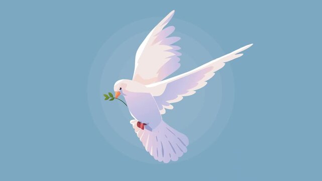 Gentle white dove flies with olive branch, symbol of peace and hope against soft blue sky.