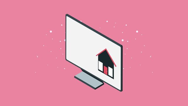 Isometric motion graphics of a desktop monitor displaying a website with a house icon and text on a pink background.