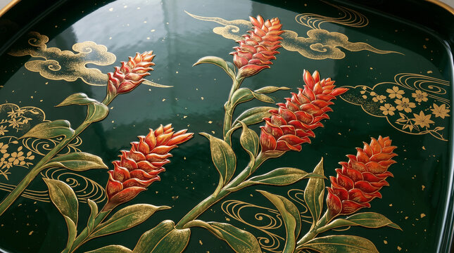 Traditional Japanese lacquerware tray featuring intricate red ginger flowers with elegant gold leaf decorative cloud patterns