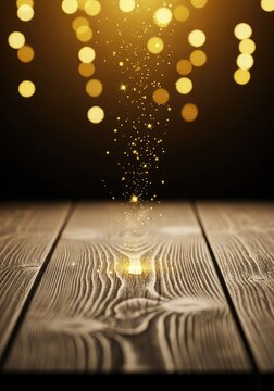 Golden sparkles and soft bokeh lights drift across a dark rustic wooden surface, creating a dreamy and enchanting festive atmosphere, shimmer, brightness, interior