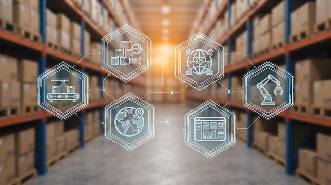Logistics network interface with holographic supply chain icons floating in modern warehouse with blurred inventory racks symbolizing smart industrial tracking and distribution processes