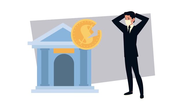Businessman wearing face mask with bank building and broken coin during financial crisis animation.