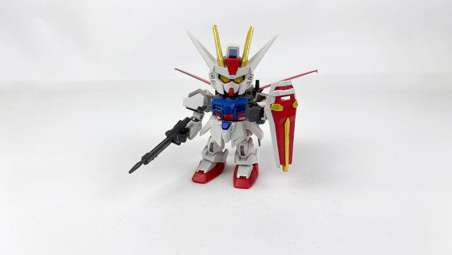 Kediri, East Java, Indonesia &ndash; August 26, 2026: Gundam Robot Model Figure with Shield and Weapon Displayed on White Background