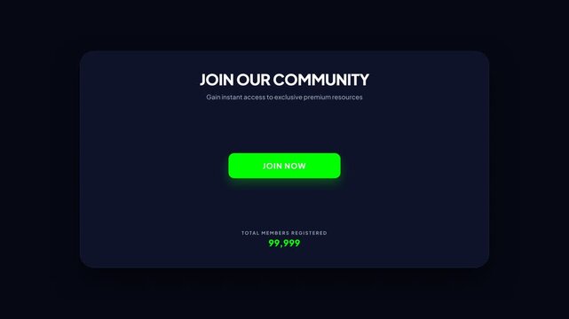 Animated community membership counter, increasing numbers on screen, green button, dark background, symbolizing growth, community engagement, and exclusivity, representing online membership