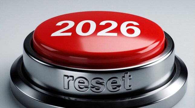 Red reset button with 2026 text on shiny metal base. Close up 3D icon new year start technology restart. Concept for digital transformation, system reboot, future planning in upcoming year. Modern