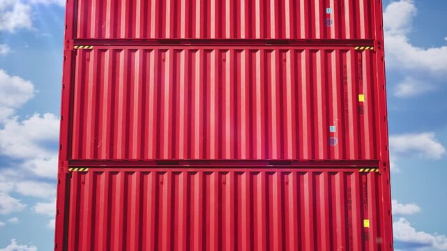 Commercial cargo delivery, red steel container against blue sky with clouds. 3d animation. time lapse.