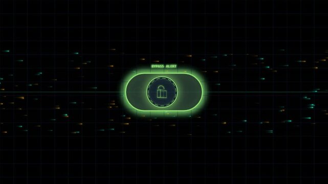Futuristic cyber security toggle switch animation with system secured to bypass alert warning status on grid background