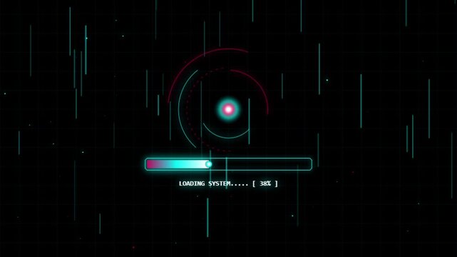 Futuristic HUD loading bar with percentage counter and quantum link text on cyber matrix background