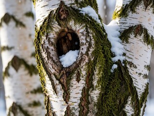 Naklejka premium Close up of birch tree trunk with hollow knot. White bark texture covered by green moss, fresh snow. Winter forest background shows organic patterns, rough surface. Natural wood detail in cold