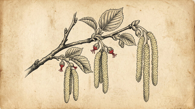 Detailed vintage botanical illustration of alder tree branch with catkins on textured old paper background