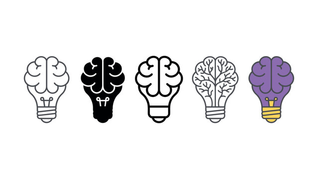 Set of five flat design creative brain light bulb icons for innovation and business ideas isolated on white background