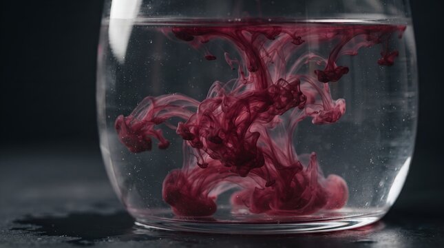 Red ink swirling in water in glass vessel