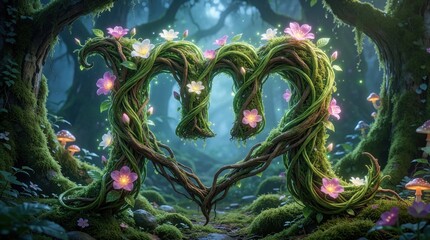 Naklejka premium Magical forest scene with large letter Formed by twisting tree roots, green vines. Glowing pink, white flowers bloom on mossy wood structure. Enchanted woodland background with misty light, fantasy