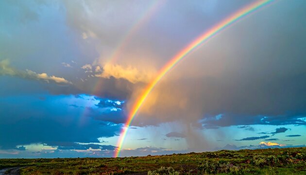 Double rainbow over a vast grassy field under dramatic stormy sky at sunset