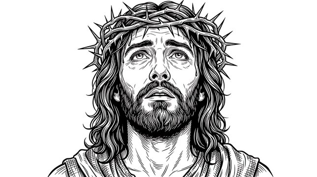 Jesus Christ Crown of Thorns Portrait Looking Upward, Black and White Hand Drawn Line Art for Easter and Christian Religious Design