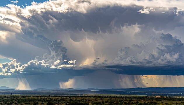 Dramatic Rain Shaft and Storm Clouds over Rural Landscape with Lightning