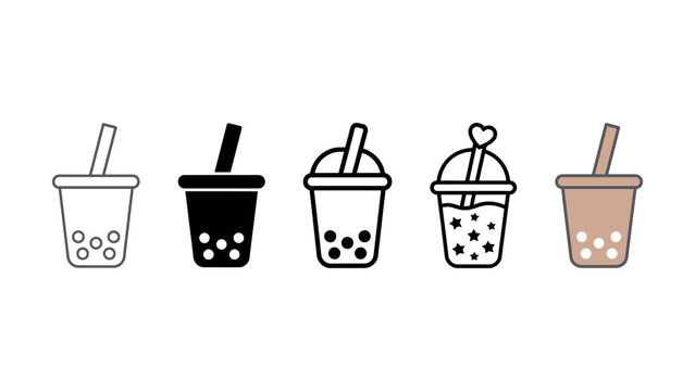 Set of five flat vector icons representing various boba tea cup designs with straws and tapioca pearls