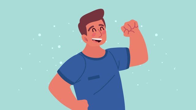 Strong young man showing muscles and celebrating success in 2d flat character animation on light blue background.