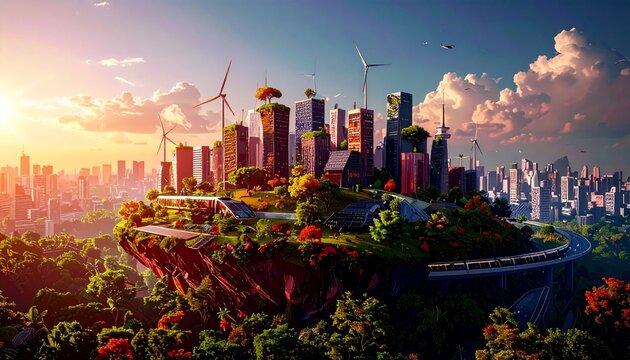 Futuristic Eco-Friendly Smart City with Wind Turbines and Greenery at Sunset