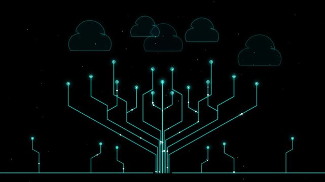 Abstract digital circuit tree connecting to cloud icons background for cloud computing and data network concept