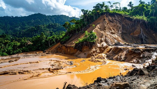 Massive Tropical Landslide and Mudflow in Rainforest After Extreme Rainfall