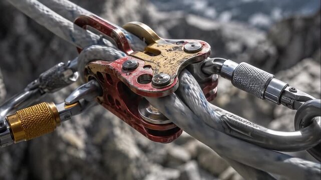 Mountain Search Rescue Equipment with Rope and Carabiner on Rocky Cliff, Close View of Climbing Safety Gear for Search Rescue Safety
