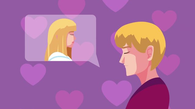 Young man thinking about woman with heart shapes background in 2d animation footage.