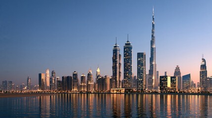 Naklejka premium Modern skyscrapers reflecting in calm water at dusk
