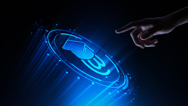 Hand Touching Virtual E Learning Interface With Online Course Icon