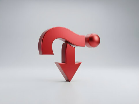 Metallic red question mark turning into downward arrow symbol represents financial decline or negative trend on gray ground.