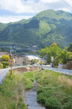 Mountain view over rural Yufuin town in Oita, Japan