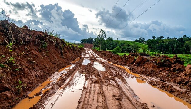 Muddy Rural Road Damaged by Landslide and Heavy Rain