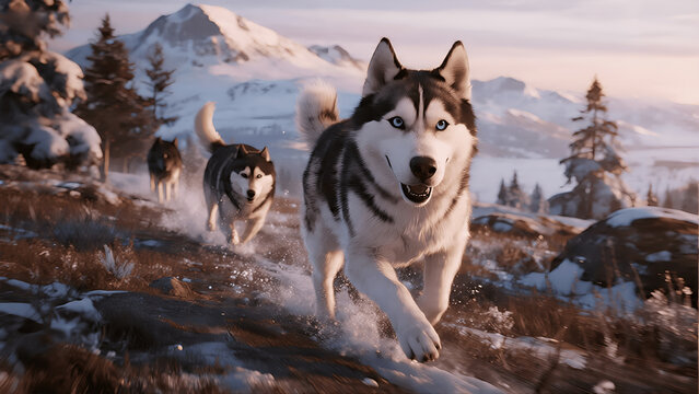 Active Siberian husky dogs running together along a rugged mountain trail in a chilly outdoor setting.