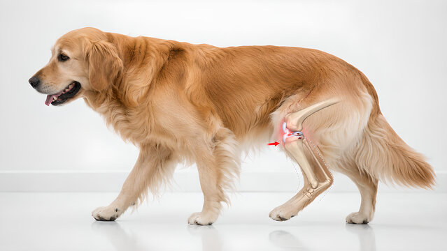 Canine stifle joint cranial cruciate ligament rupture with forward tibial instability, photorealistic veterinary education image for pet owners, clinic websites, and animal health communication
