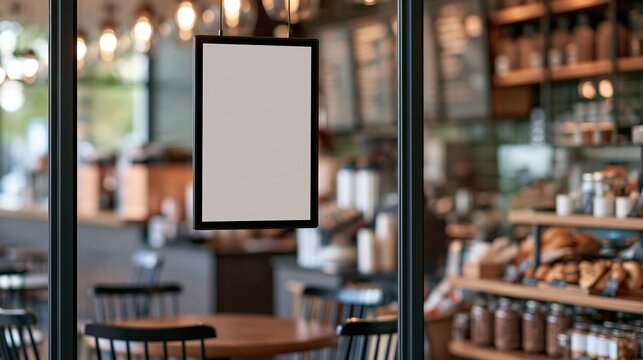Blank sign hanging in modern cafe interior