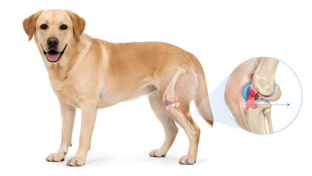 Canine stifle joint cranial cruciate ligament rupture with forward tibial instability, photorealistic veterinary education image for pet owners, clinic websites, and animal health communication