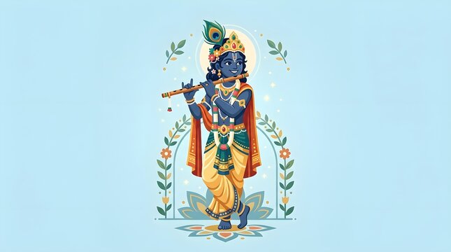 Happy Janmashtami Cute Little Krishna Playing Flute Vector Illustration Stand with Dahi Handi Butter Pot and Peacock Feather