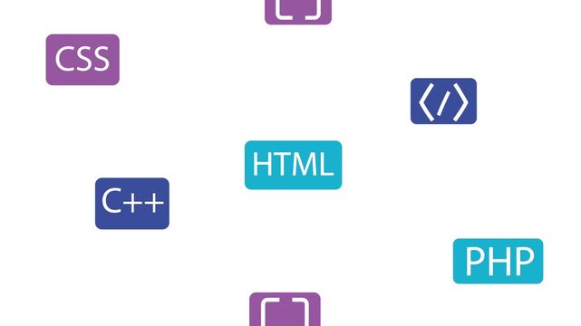 Dynamic motion background of coding symbols and programming language logos floating.