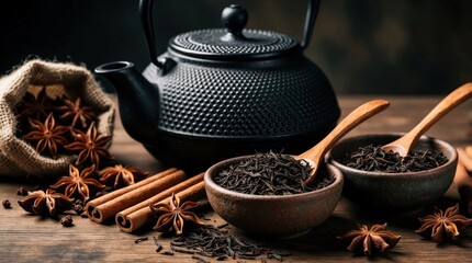Naklejka premium Black teapot with dry tea leaves in bowls on wood table. Cinnamon sticks and star anise nearby suggest aromatic beverage preparation. Warm, rustic setting for drink.