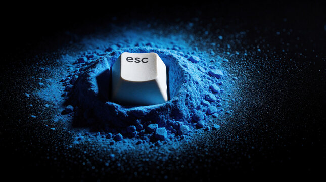 White esc key buried in bright blue powder on dark background. Symbolizes escape from digital world or Blue Monday mood. Represents a break from stress or computer work.