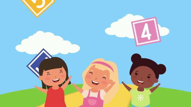 Happy diverse little girls in motion cheerfully jumping with numeric squares falling from the sky on a sunny day.