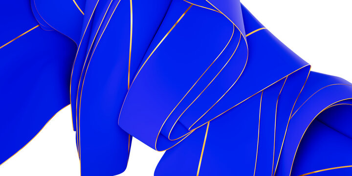 Close-up of Blue Fabric Waves with Delicate Gold Trim