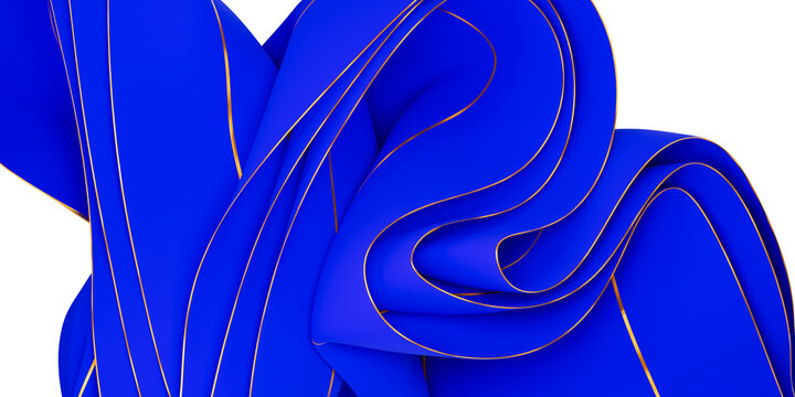 Abstract Fluid Blue Fabric Curves with Golden Borders