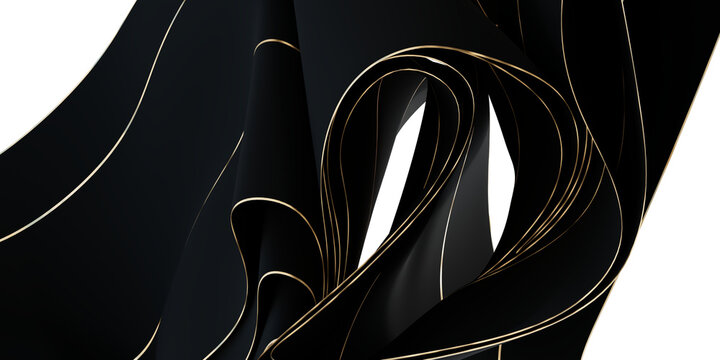 Abstract Rhythmic Black Silk Waves and Gold Borders