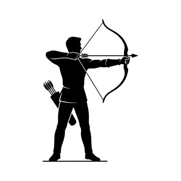 Black silhouette of an archer aiming a bow and arrow isolated on white background.