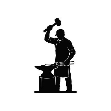 Black silhouette of a blacksmith hammering hot metal on an anvil for metalwork design.
