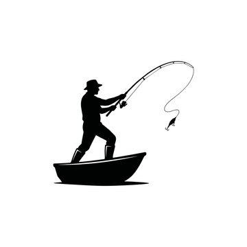 Silhouette of a fisherman in a small boat catching a fish with a rod