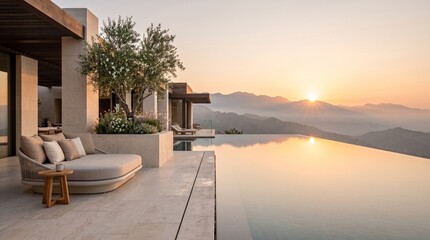 Fototapeta premium Luxury infinity pool at sunrise, modern mediterranean villa terrace with mountain view, elegant outdoor lounge furniture